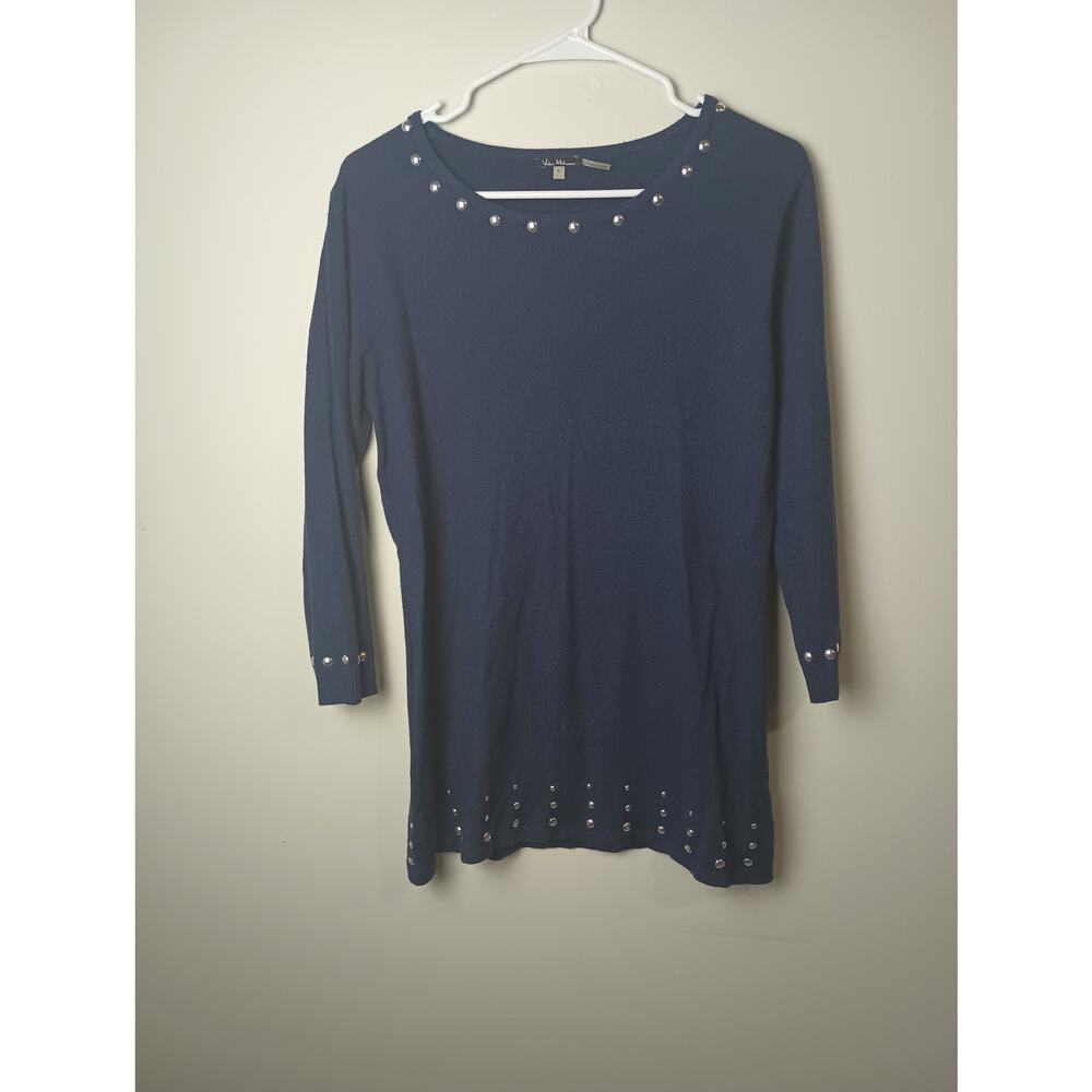 Vila Milano Wool Blend Blue Sweater Blouse Women Size Large Silver Décor